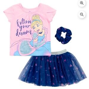 Disney Princess Cinderella 4T Girls T-Shirt Tulle Skirt Scrunchie 3pc Outfit Set